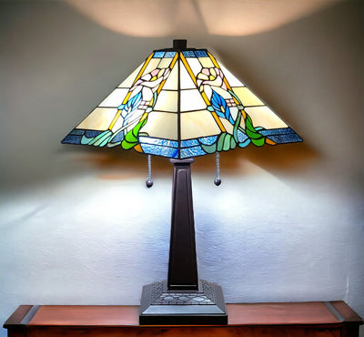 22" Dark Brown Metal Two Light Candlestick Table Lamp With Blue and Beige Shade 