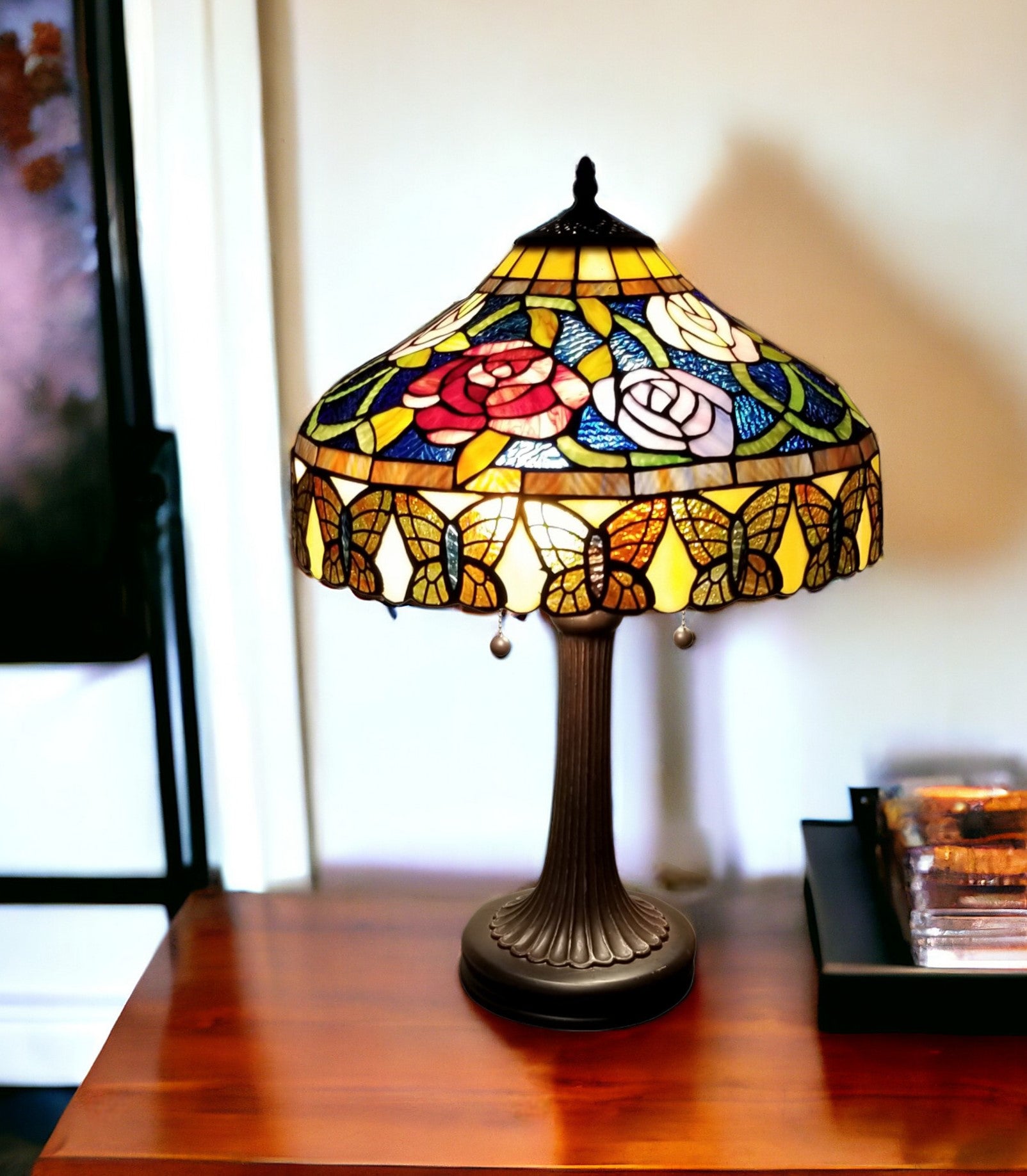 23" Dark Brown Metal Two Light Candlestick Table Lamp With Red and Black Shade