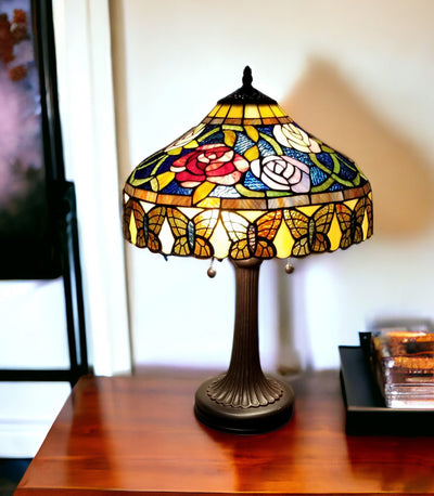23" Dark Brown Metal Two Light Candlestick Table Lamp With Red and Black Shade 