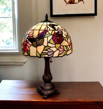 19" Dark Brown Metal Candlestick Table Lamp With Red and Black Dome Shade 