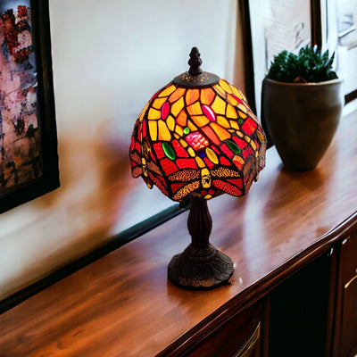 15" Dark Brown Metal Candlestick Table Lamp With Red and Black Novelty Shade 