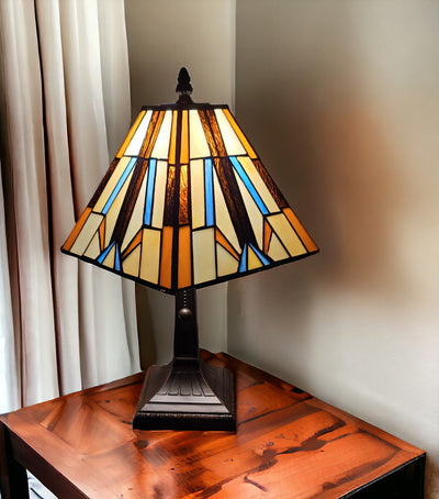 15" Dark Brown Metal Candlestick Table Lamp With Orange and Ivory Empire Shade 