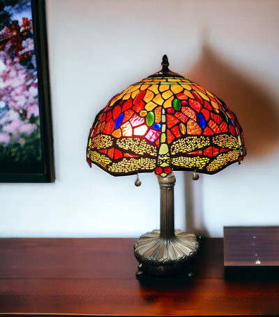 22" Dark Brown Metal Two Light Candlestick Table Lamp With Red and Black Shade 
