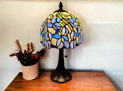 15" Dark Brown Metal Candlestick Table Lamp With Blue Dome Shade 