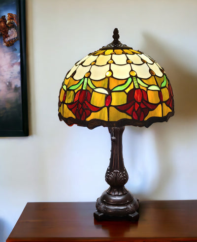 19" Dark Brown Metal Candlestick Table Lamp With Orange Dome Shade 