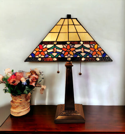 22" Dark Brown Metal Two Light Candlestick Table Lamp With Orange Empire Shade 