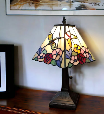 15" Dark Brown Metal Candlestick Table Lamp With Pink and Black Empire Shade 