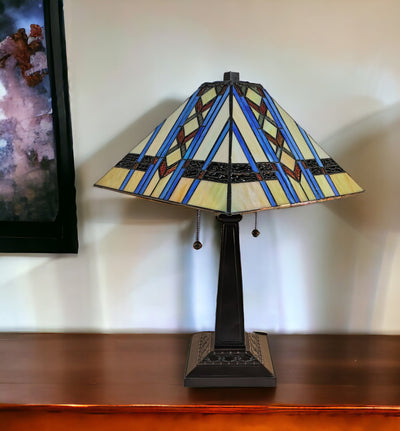 22" Dark Brown Metal Two Light Candlestick Table Lamp With Blue Empire Shade 
