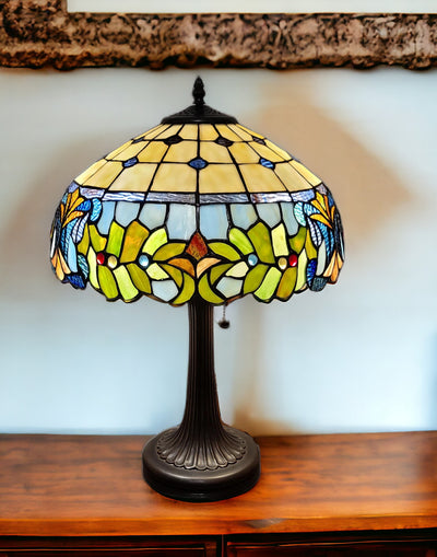 23" Dark Brown Metal Two Light Candlestick Table Lamp With Green Shade 
