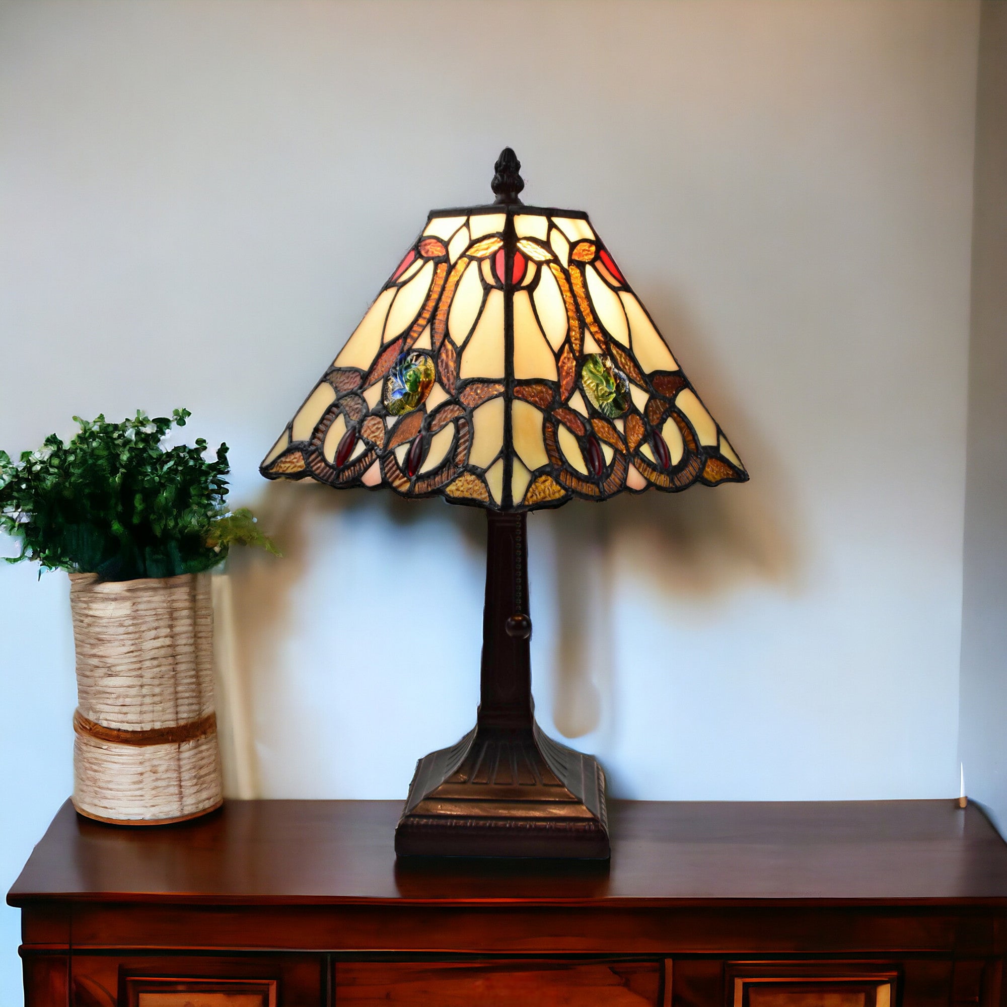 15" Dark Brown Metal Candlestick Table Lamp With Beige Shade