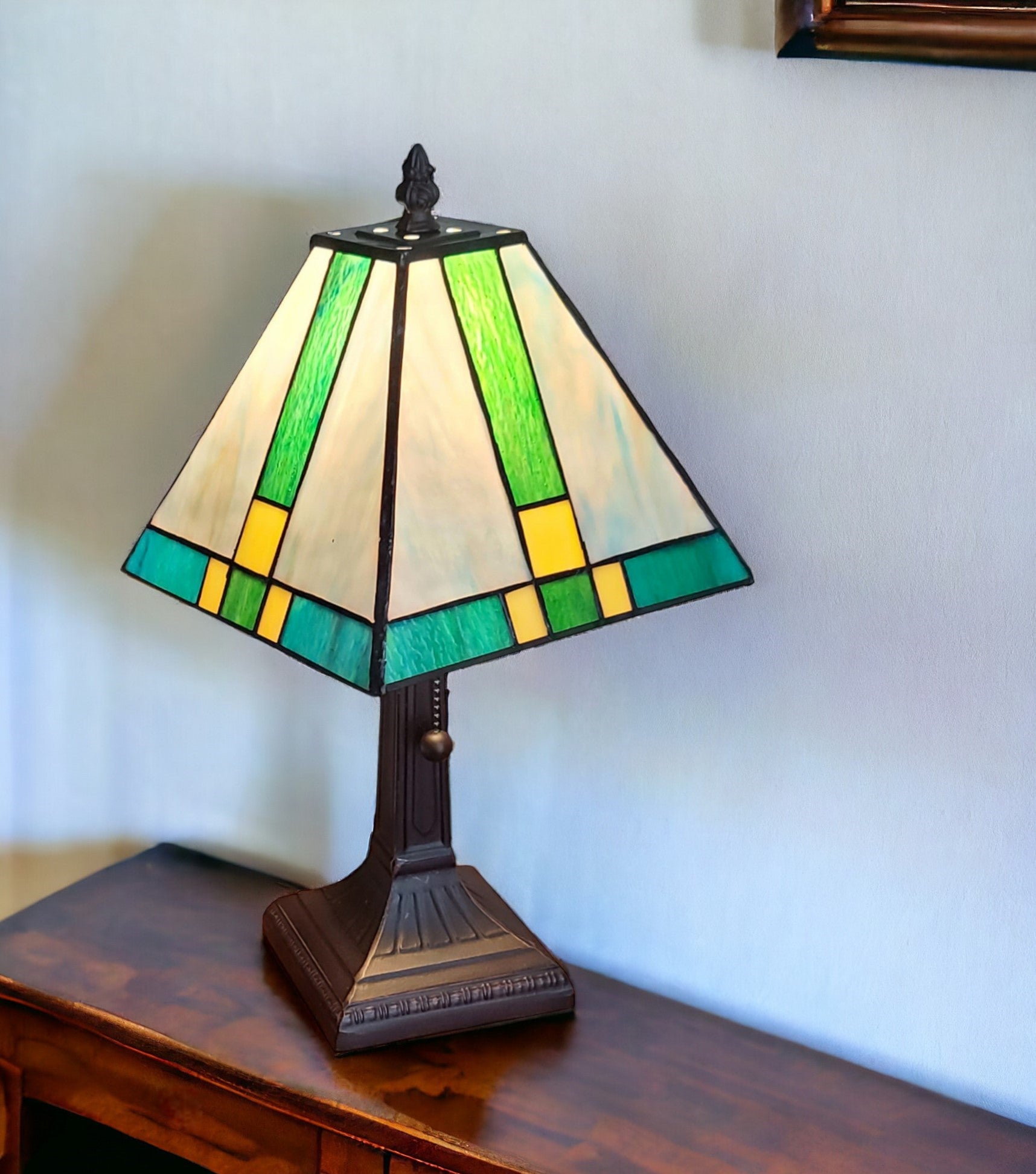 15" Dark Brown Metal Candlestick Table Lamp With Green Shade