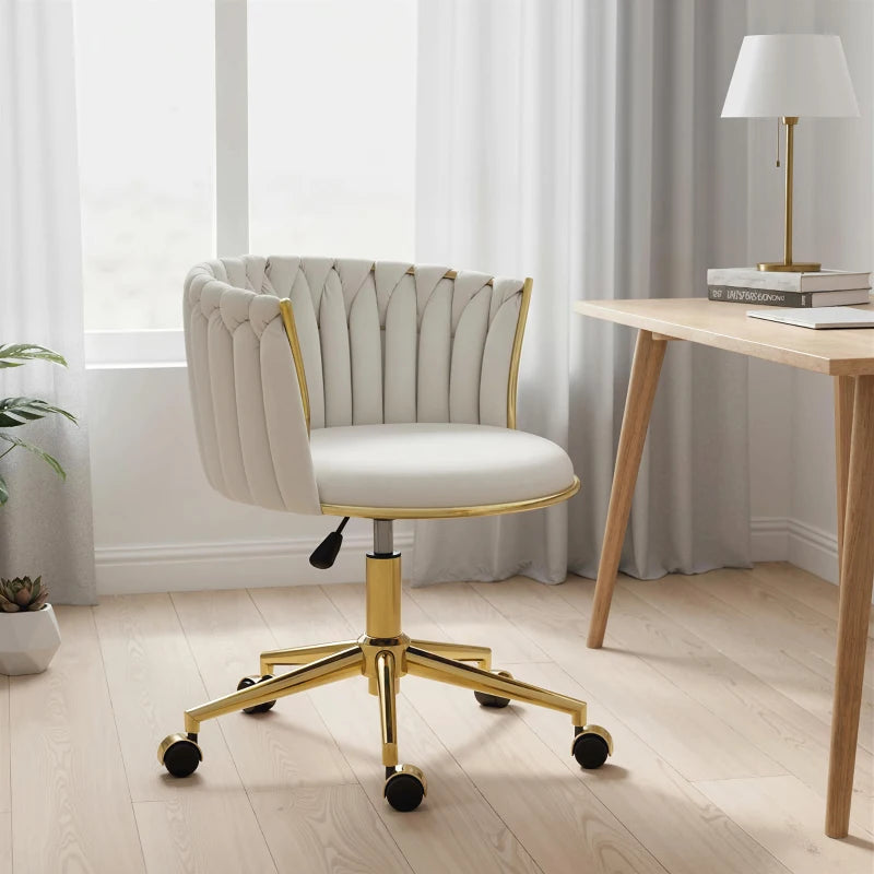 Office Chair, Vanity Chair with Woven Back, Adjustable Height, Rolling Wheels, Cream White