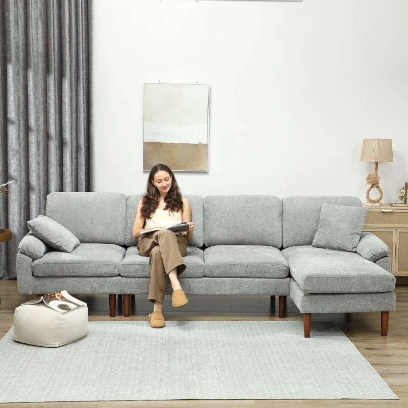 L-Shape Sofa, Modern Sectional Couch with Changeable Chaise Lounge, Pillows and Wooden Legs for Living Room, Grey