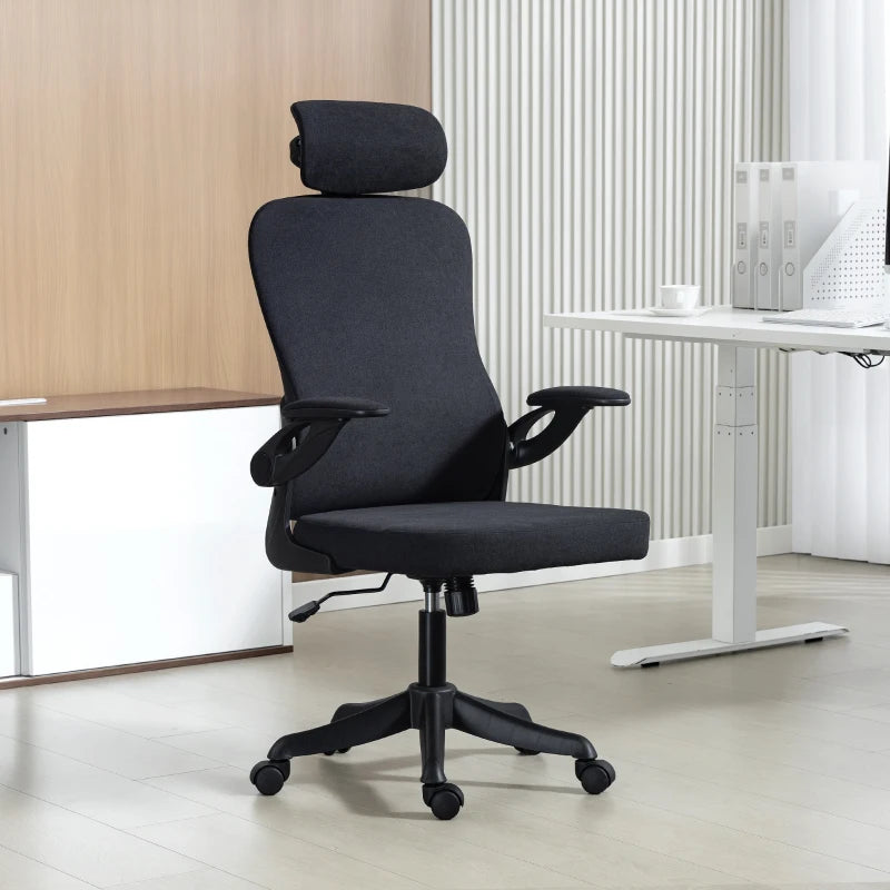 Ergonomic Office Chair, Swivel Desk Chair with Lumbar Support and Adjustable Height, Flip-up Armrests, Wheels, Grey