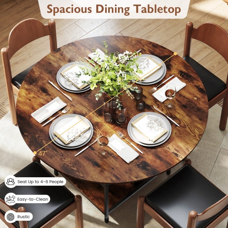 47 Inch Round Dining Table for 4-6 People Large Kitchen Table with 2-Tier Storage Shelves-Rustic Brown