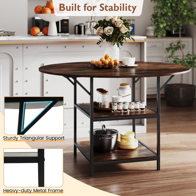 47 Inch Round Dining Table for 4-6 People Large Kitchen Table with 2-Tier Storage Shelves-Rustic Brown