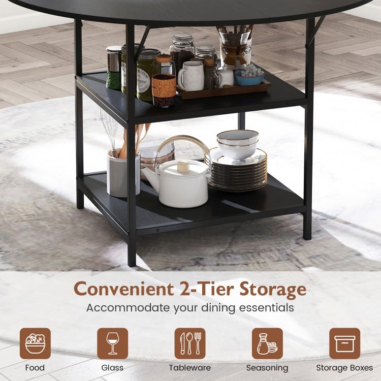 47 Inch Round Dining Table for 4-6 People Large Kitchen Table with 2-Tier Storage Shelves-Black