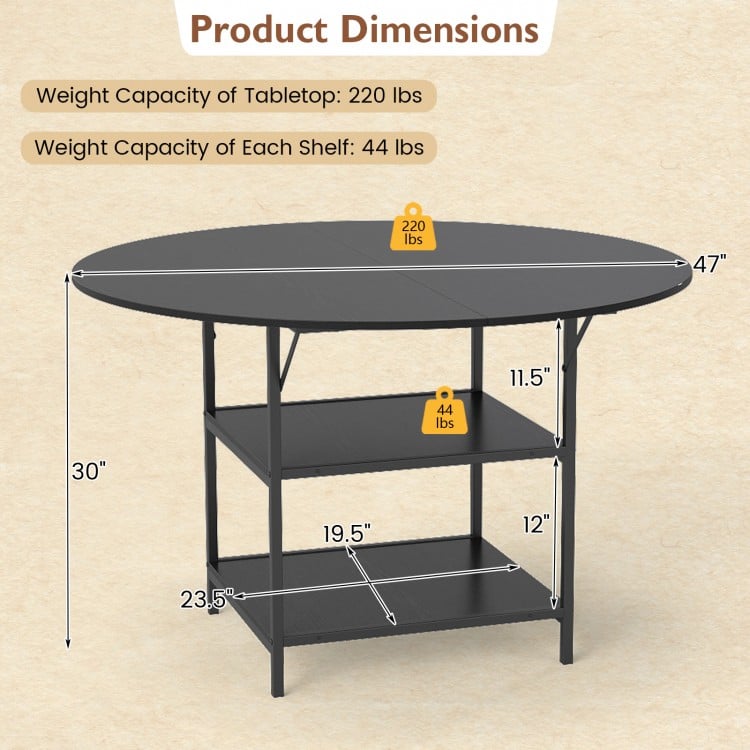 47 Inch Round Dining Table for 4-6 People Large Kitchen Table with 2-Tier Storage Shelves-Black