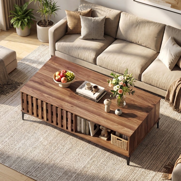 47 Inches Mid Century Coffee Table Farmhouse Wooden Center Table-Walnut