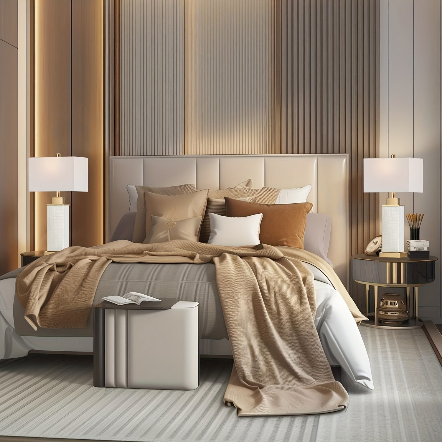 Modern White Faux Leather Table Lamps (Set of 2) – 3-Way Dimmable Touch Control with USB-C & A Charging Ports, Rectangle Shade – Ideal for Bedroom or Living Room 