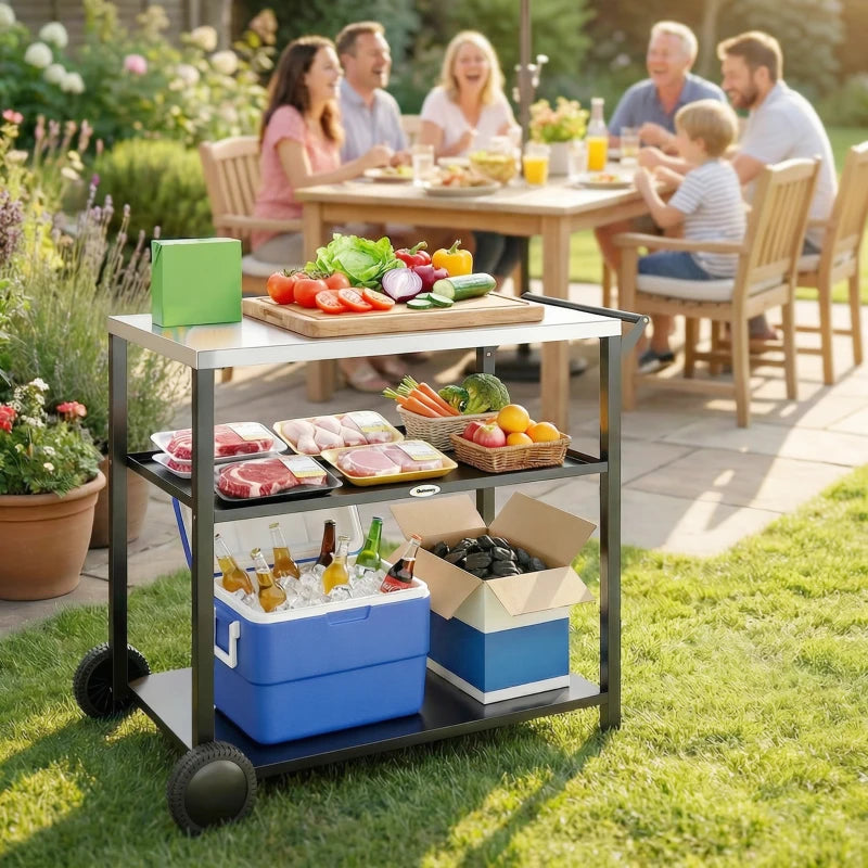 Outdoor Grill Cart with Stainless Steel Tabletop, 3-Tier BBQ Stand, Movable Food Prep Table on Wheels, Black