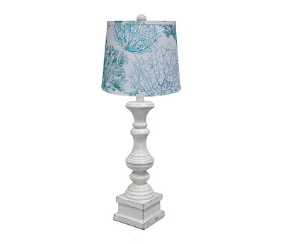 29" Antique White Candlestick Table Lamp With Aqua Coral Tapered Drum Shade 