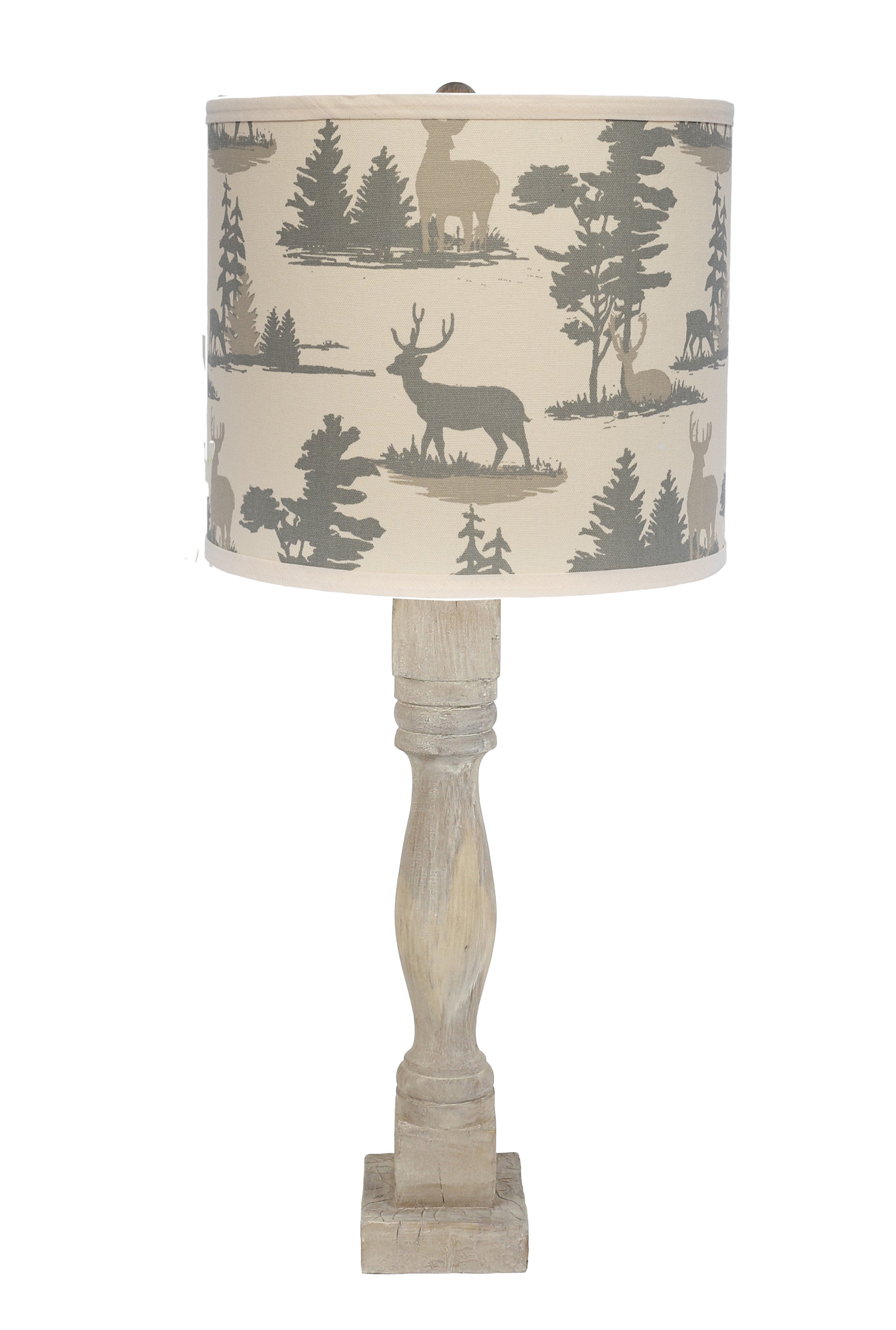 30" Rustic Gray Whitewash Table Lamp With Ivory And Gray Woodland Deer Drum Shade