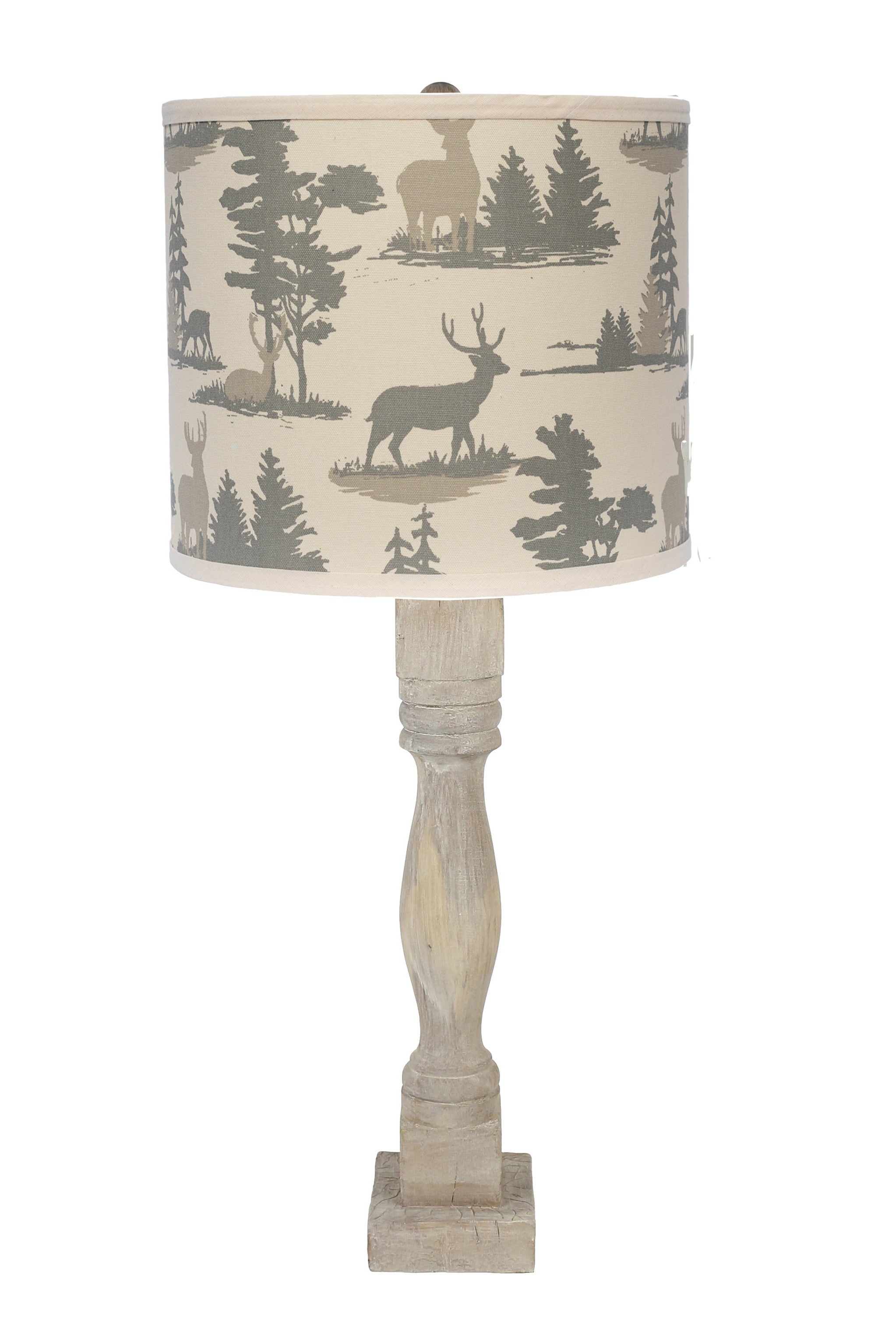 30" Rustic Gray Whitewash Table Lamp With Ivory And Gray Woodland Deer Drum Shade