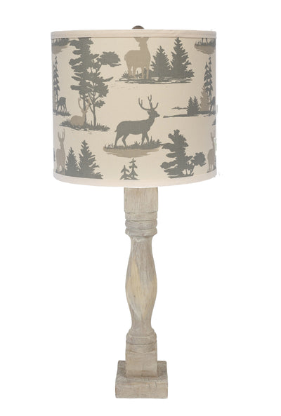 30" Rustic Gray Whitewash Table Lamp With Ivory And Gray Woodland Deer Drum Shade 
