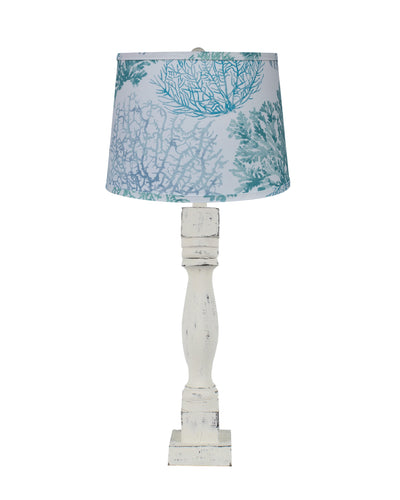 30" Rustic Distressed White Table Lamp With Turquoise Coral Empire Shade 