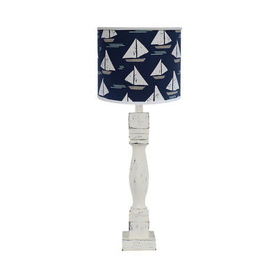 30" Distressed White Candlestick Table Lamp With Navy Sailboat Shade 