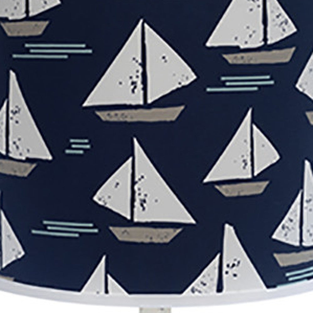 30" Distressed White Candlestick Table Lamp With Navy Sailboat Shade 