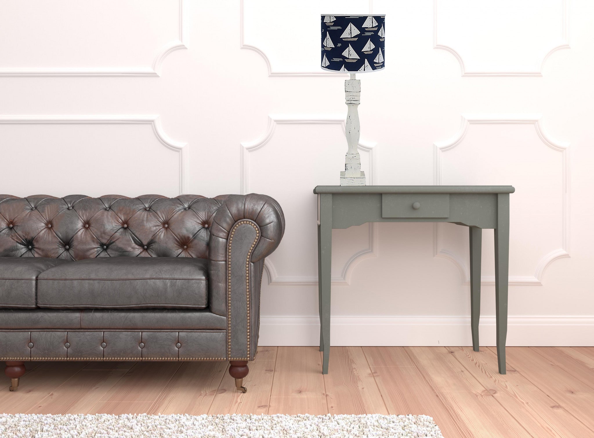 30" Distressed White Candlestick Table Lamp With Navy Sailboat Shade 