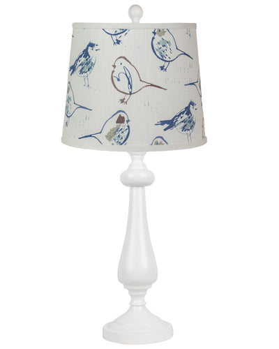 27" White Table Lamp With White Blue And Brown Birds Empire Shade 
