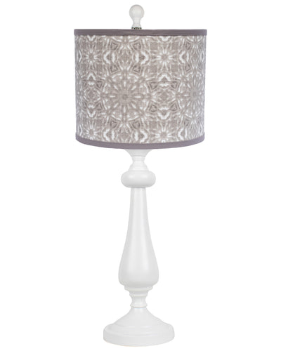 27" White Table Lamp With Gray Taupe Batik Print Drum Shade 
