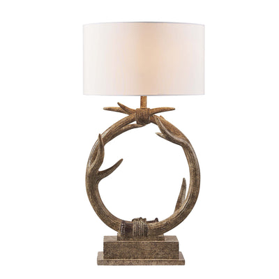 27" Brown Rustic Faux Antlers Table Lamp With White Drum Shade 