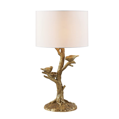 22" Golden Birds in a Tree Table Lamp With White Drum Shade 