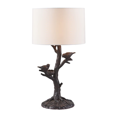 22" Dark Deep Red Birds in a Tree Table Lamp With White Drum Shade 