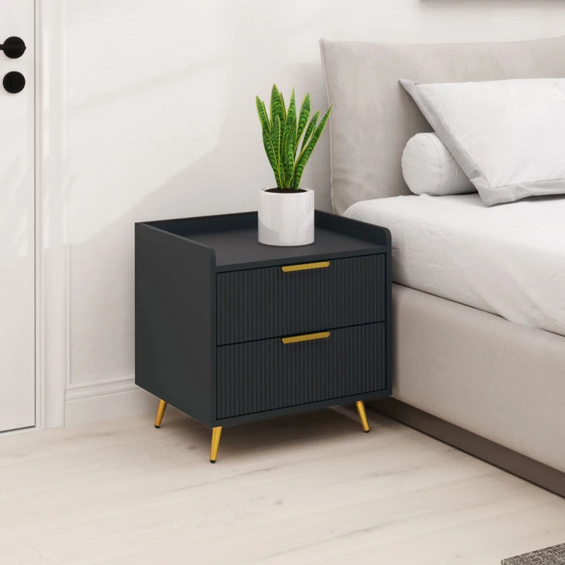 Bedside Table, Nightstand with 2 Drawers, Side End Table with Metal Legs for Bedroom, Black