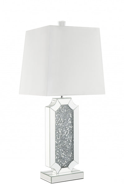 33" Mirrored Glass Faux Crystals Table Lamp With White Square Shade 