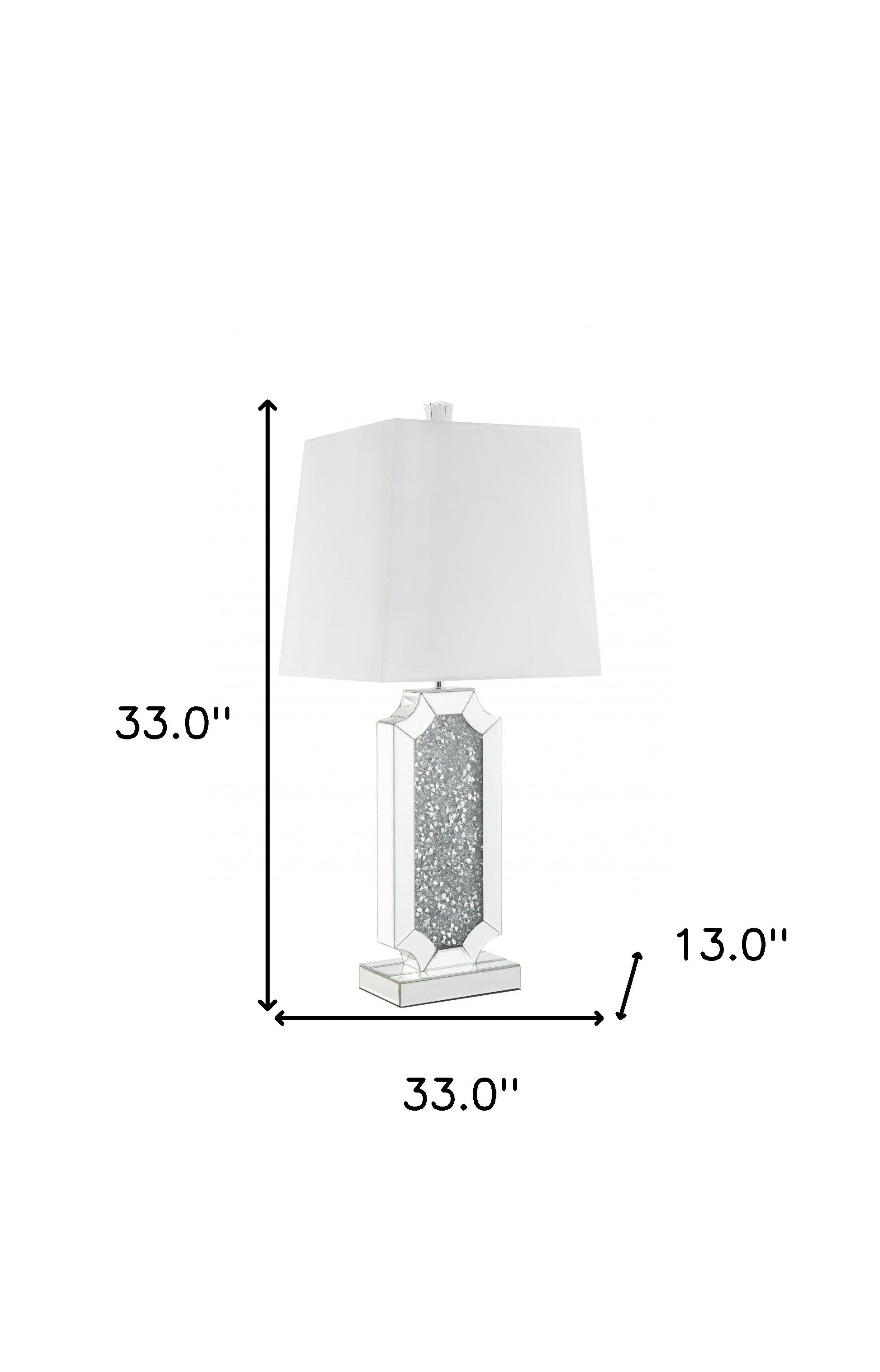 33" Mirrored Glass Faux Crystals Table Lamp With White Square Shade 