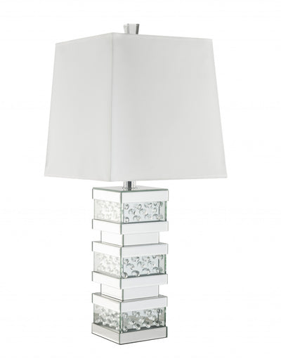 31" Mirrored Glass Faux Crystal Chunky Geo Table Lamp With White Square Shade 