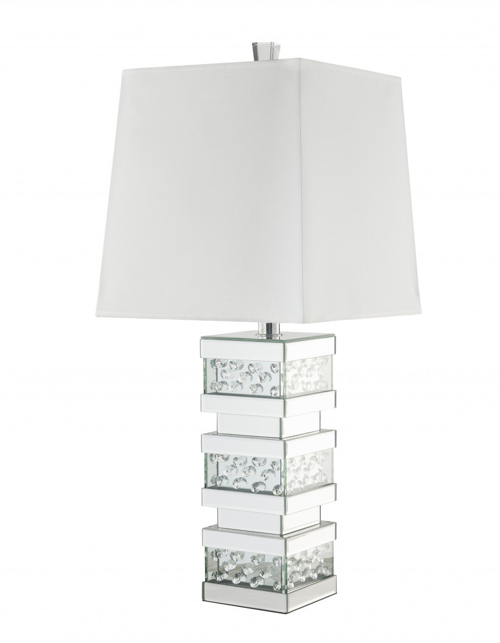 31" Mirrored Glass Faux Crystal Chunky Geo Table Lamp With White Square Shade 