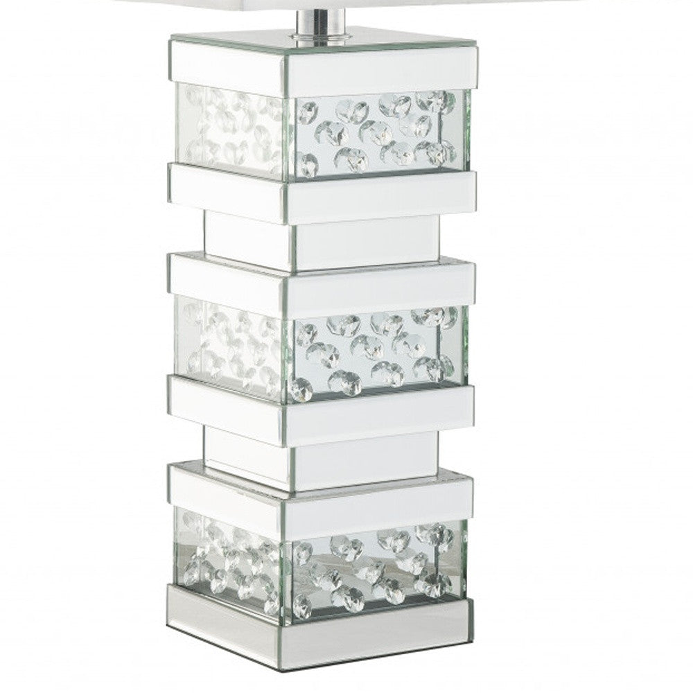 31" Mirrored Glass Faux Crystal Chunky Geo Table Lamp With White Square Shade 