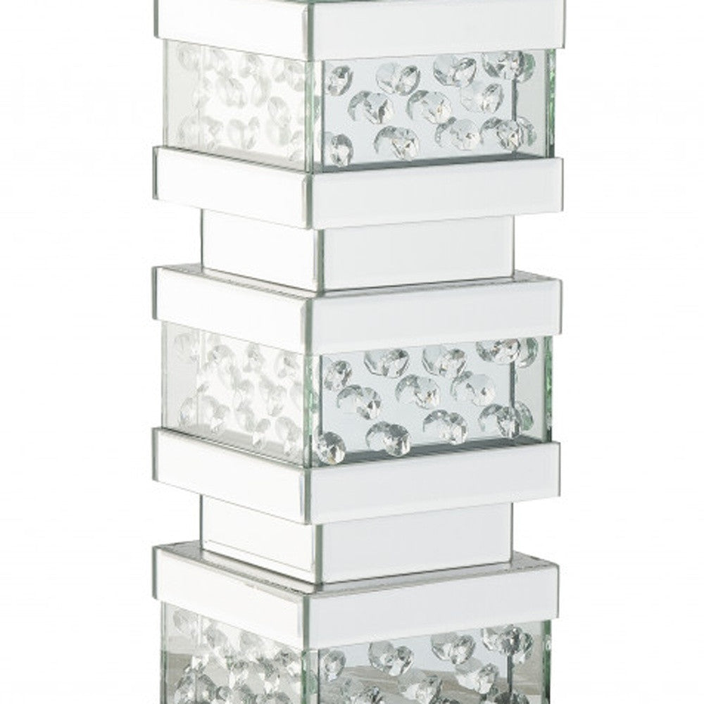 31" Mirrored Glass Faux Crystal Chunky Geo Table Lamp With White Square Shade 