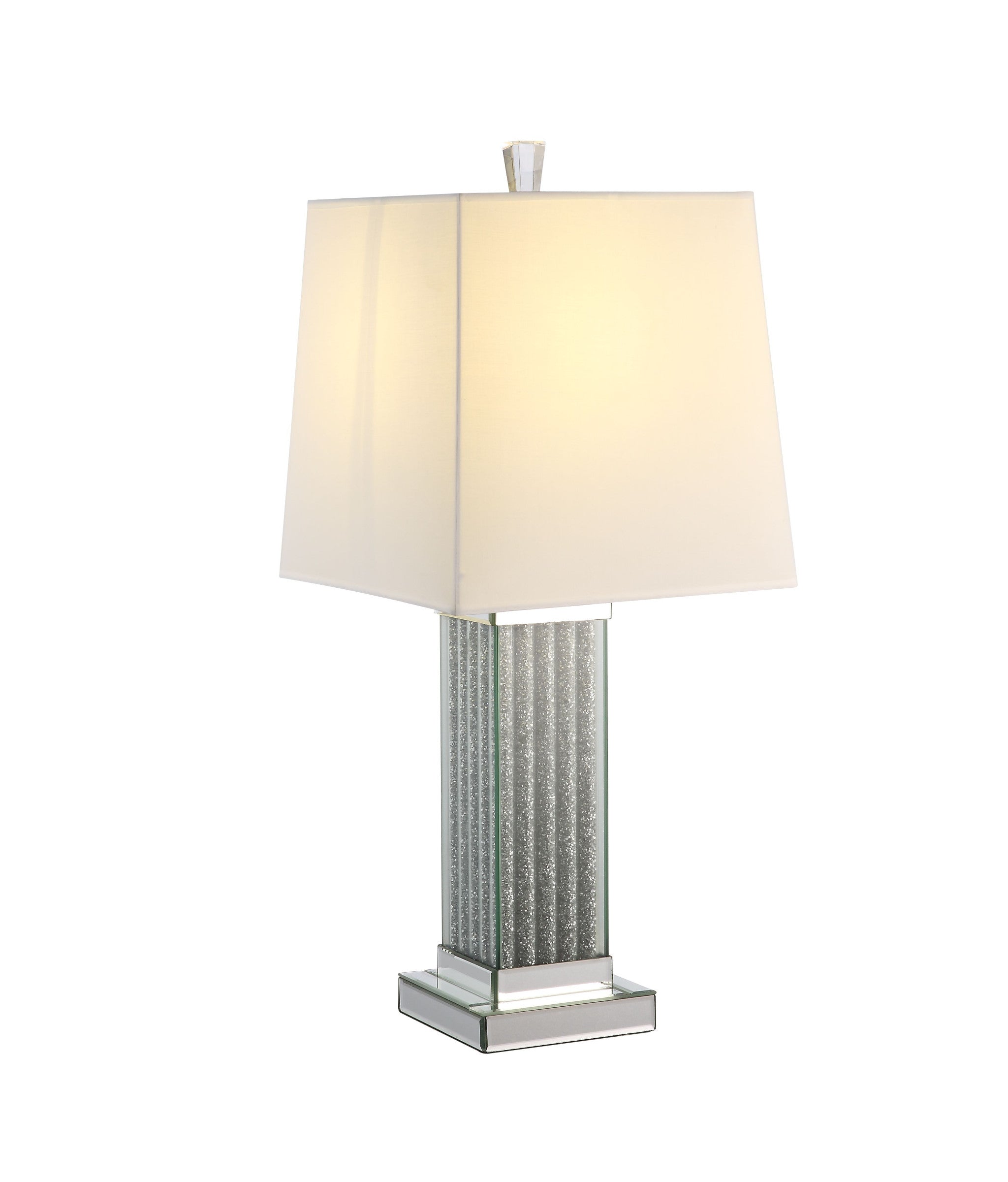 30" Mirrored Glass and Faux Stone Column Table Lamp With White Square Shade 