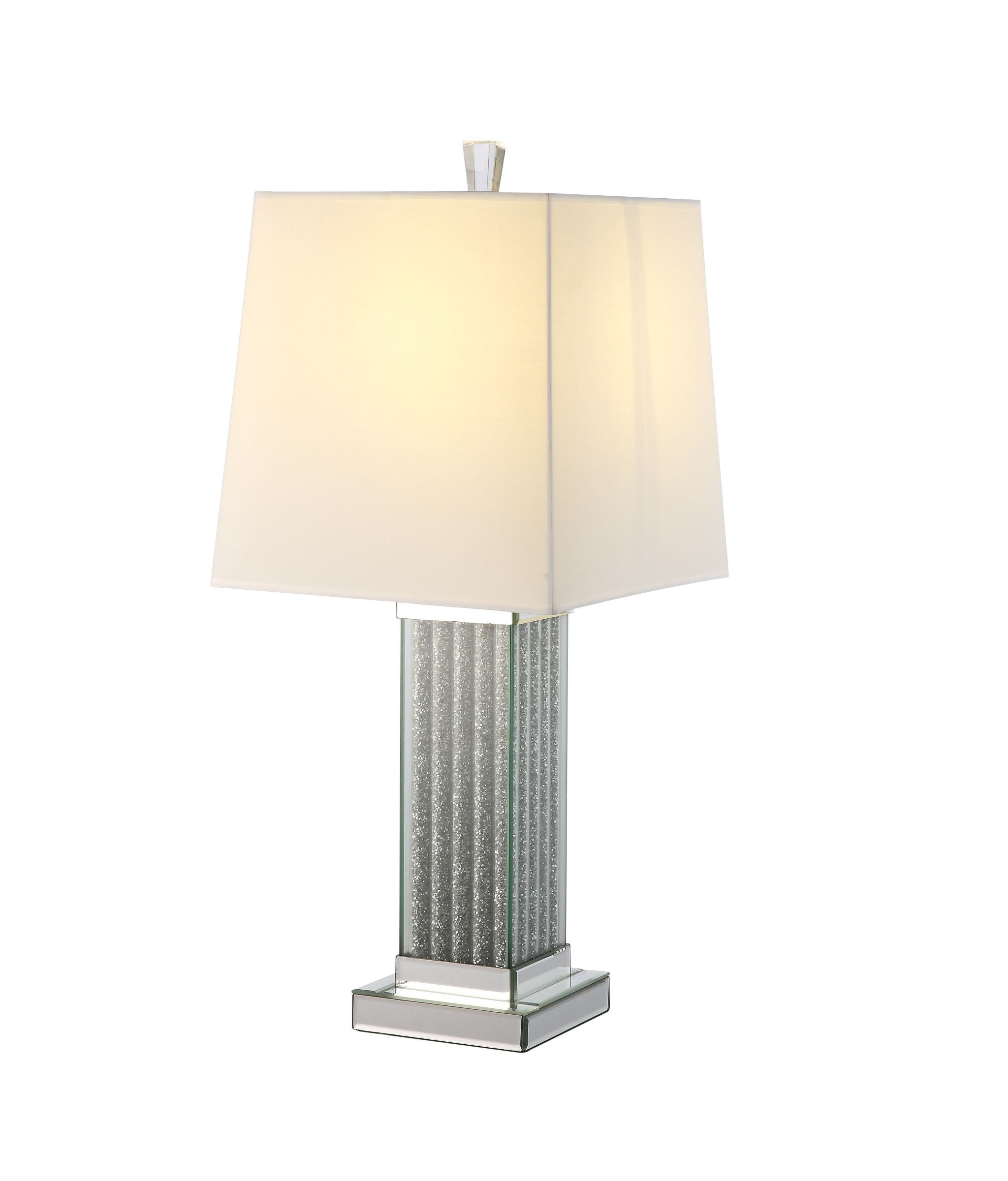 30" Mirrored Glass and Faux Stone Column Table Lamp With White Square Shade 