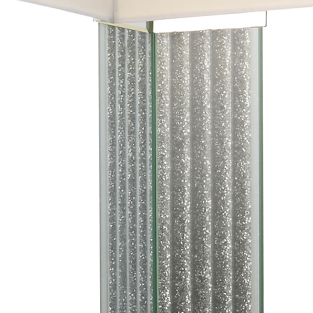 30" Mirrored Glass and Faux Stone Column Table Lamp With White Square Shade 