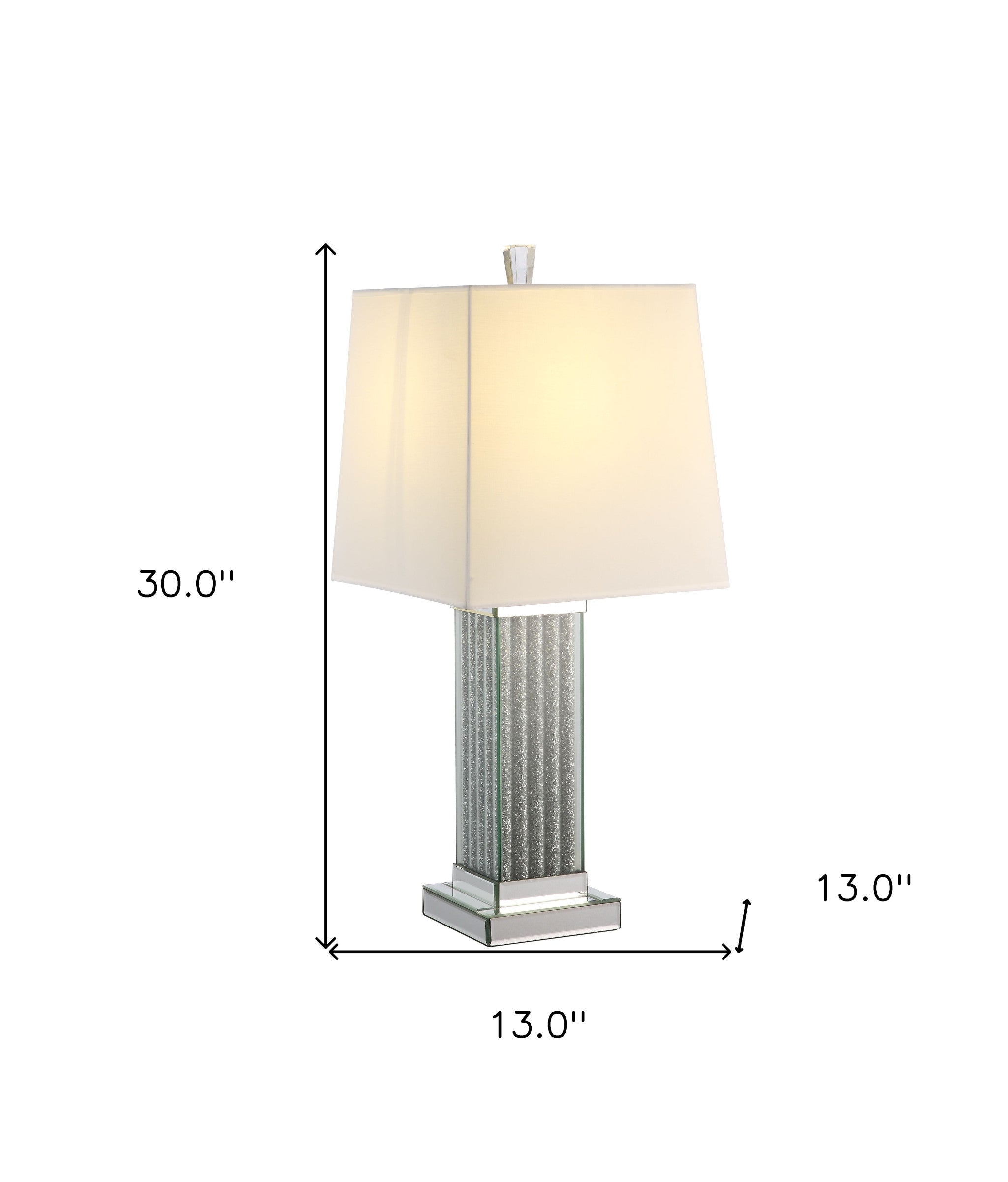 30" Mirrored Glass and Faux Stone Column Table Lamp With White Square Shade 