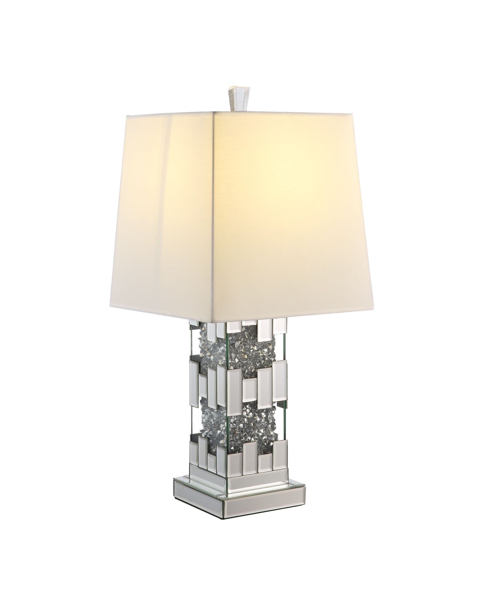 30" Mirrored Glass and Faux Crystal Geo Table Lamp With White Square Shade 